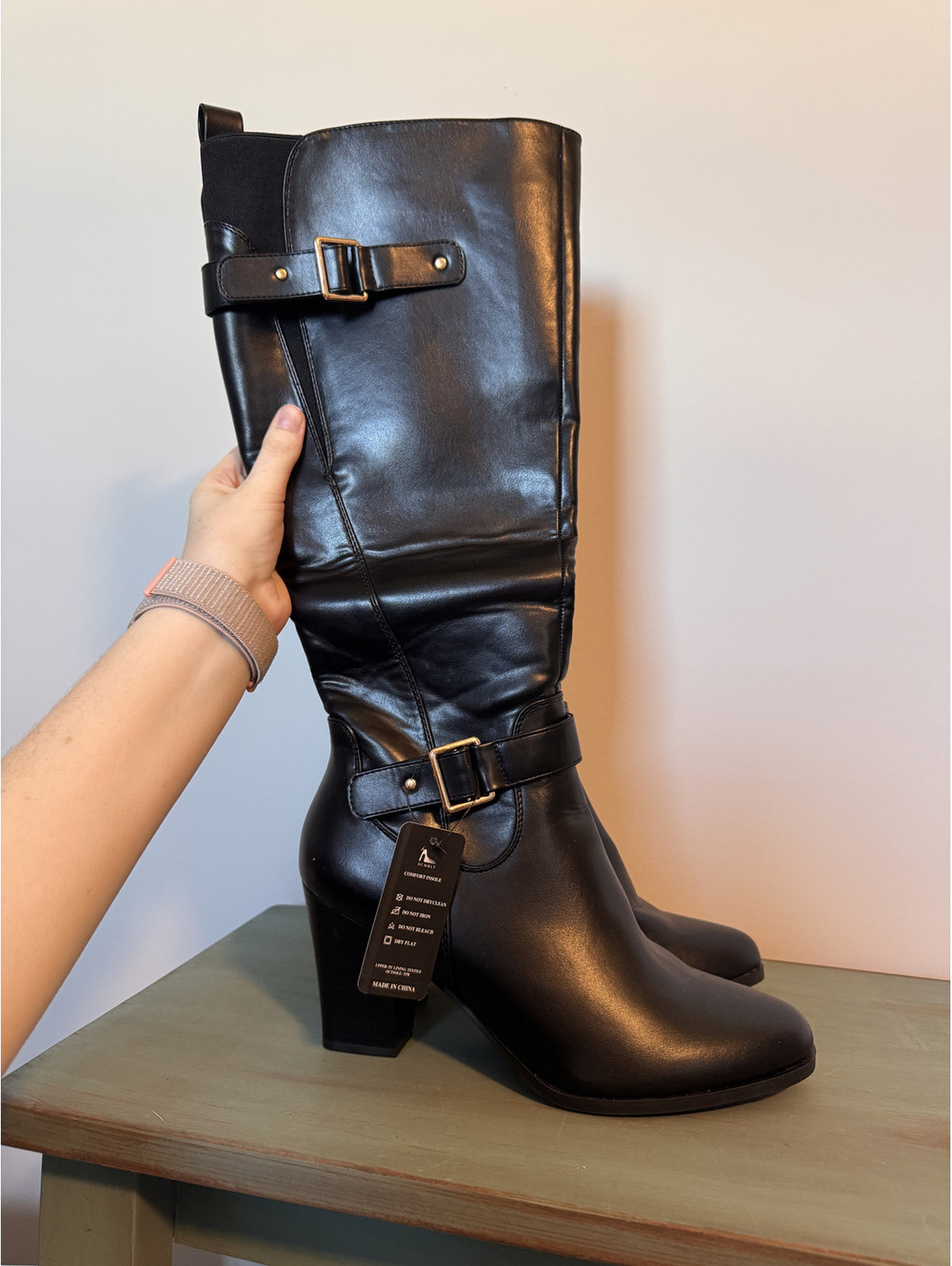 Dcmbly Black Knee High Riding Boots Tall Block Heel Gold Buckles NWT Size 8.5